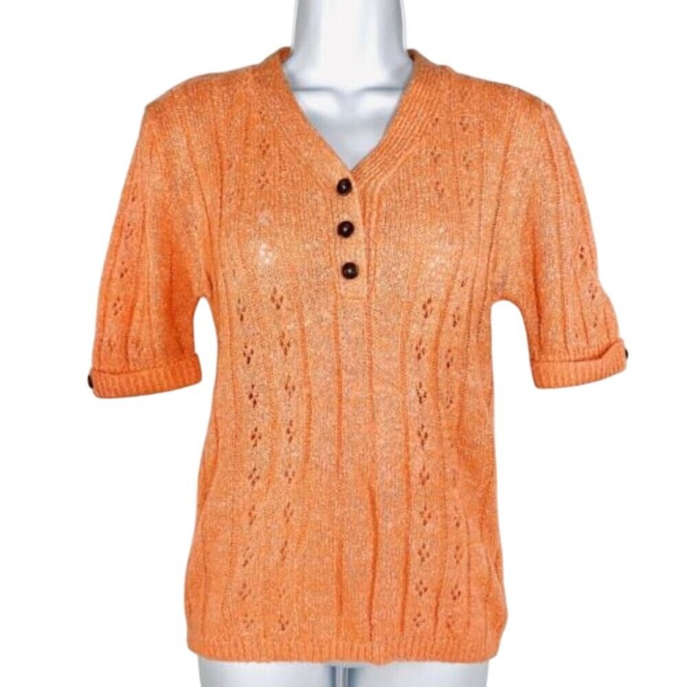 Vintage 60s 70s Short Sleeve Knit Secretary Sweater M V-Neck Creamsicle VLV